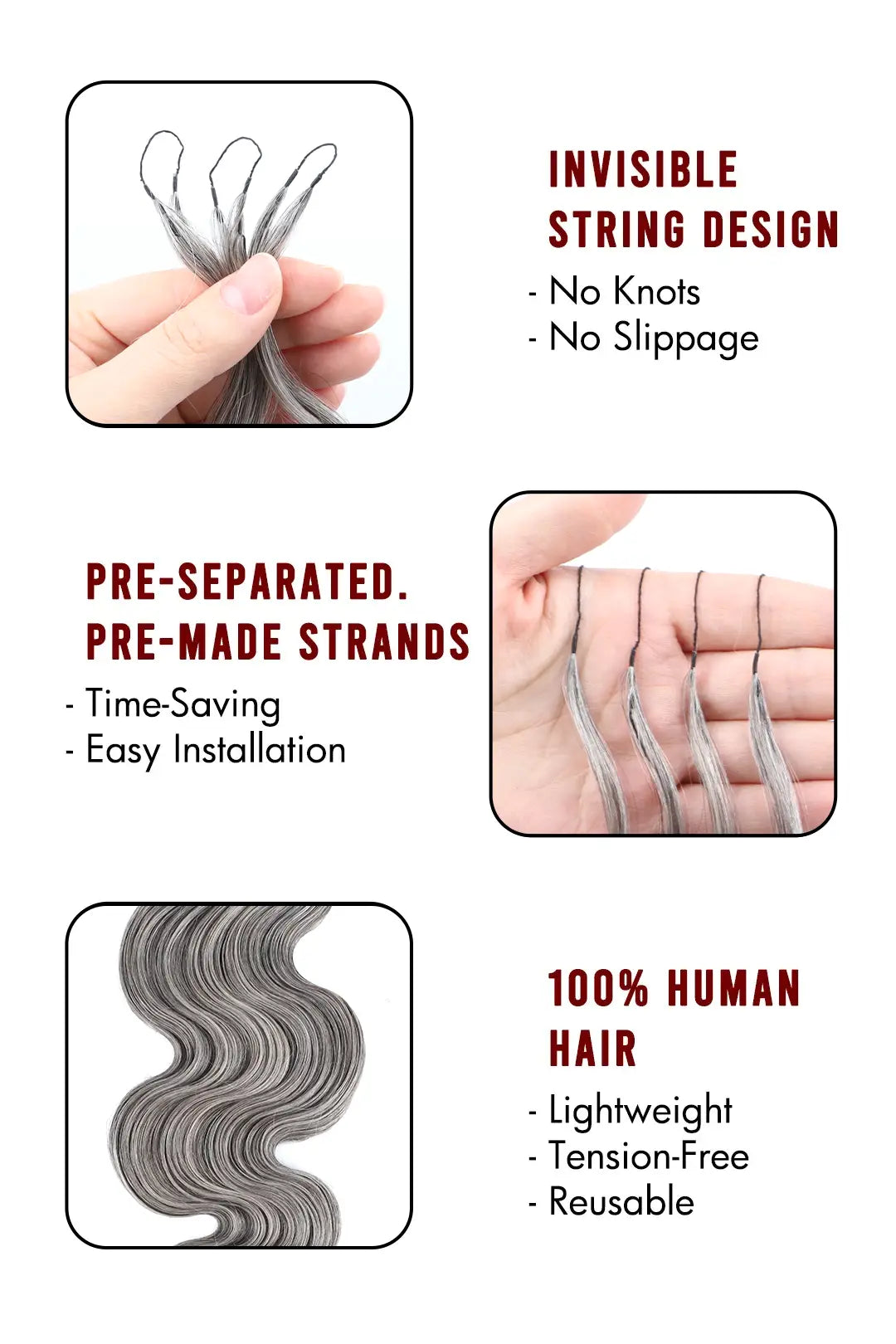 Salt and Pepper Body Wave Feather Crochet Human Hair 85% Gray 60g