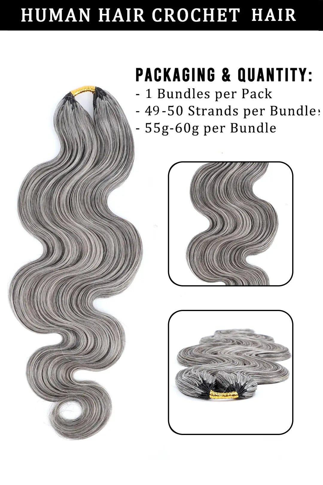 Salt and Pepper Body Wave Feather Crochet Human Hair 85% Gray 60g
