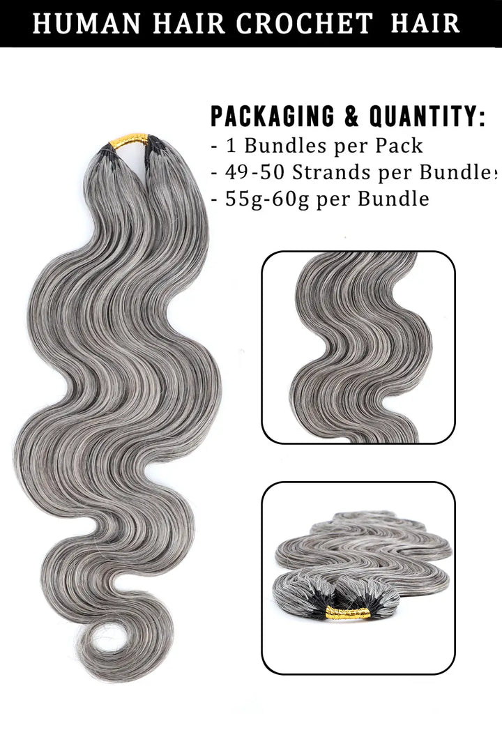 Salt and Pepper Body Wave Feather Crochet Human Hair 85% Gray 60g