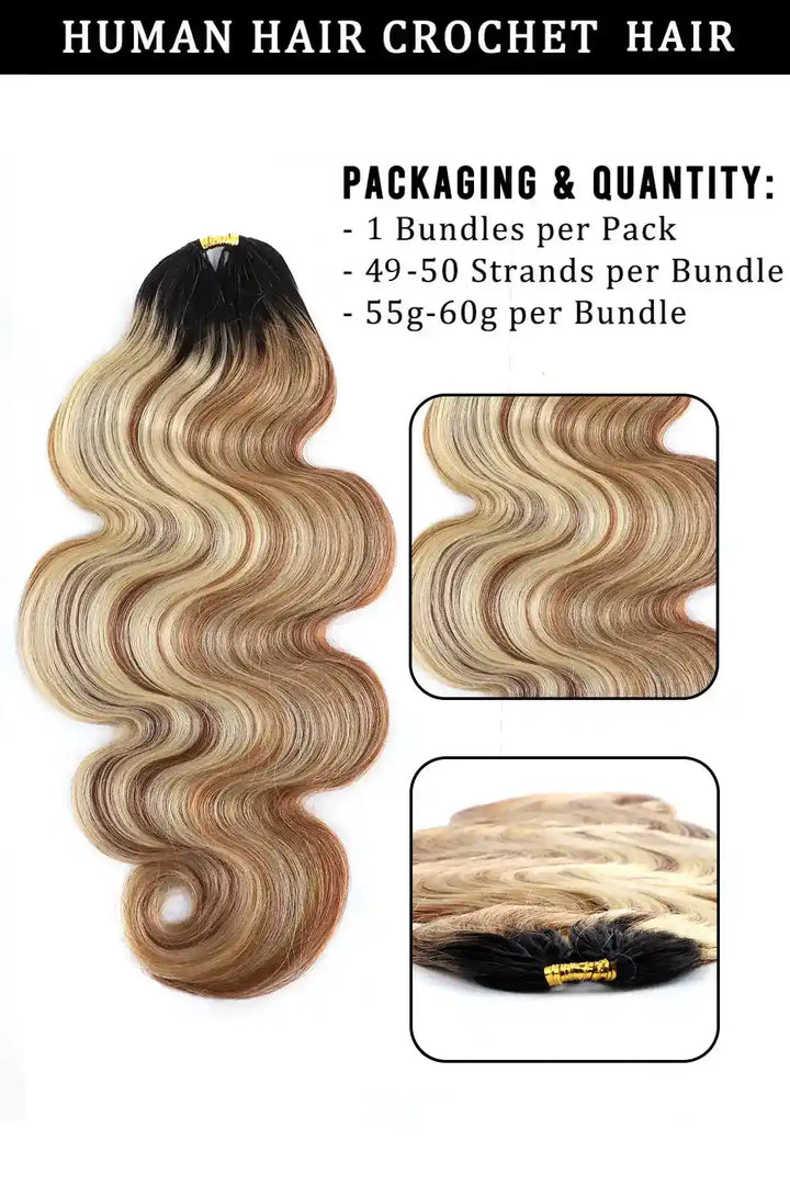 Product description of t natural black mixed 27/30/613 body wave feather crochet for miracle knots