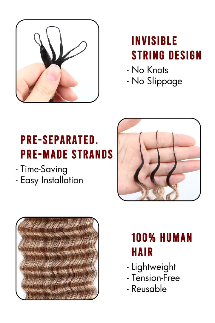 Product description of T natural black root mixed 27/30/613 deep wave feather crochet human hair