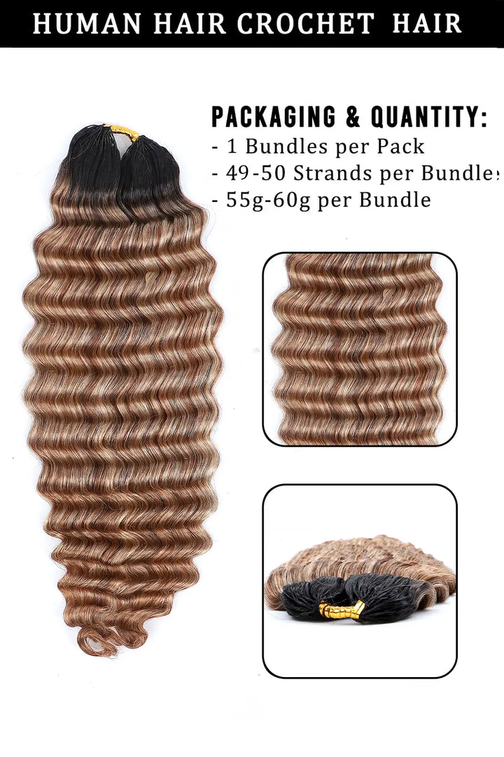 Product description of T natural black root mixed 27/30/613 deep wave feather crochet human hair