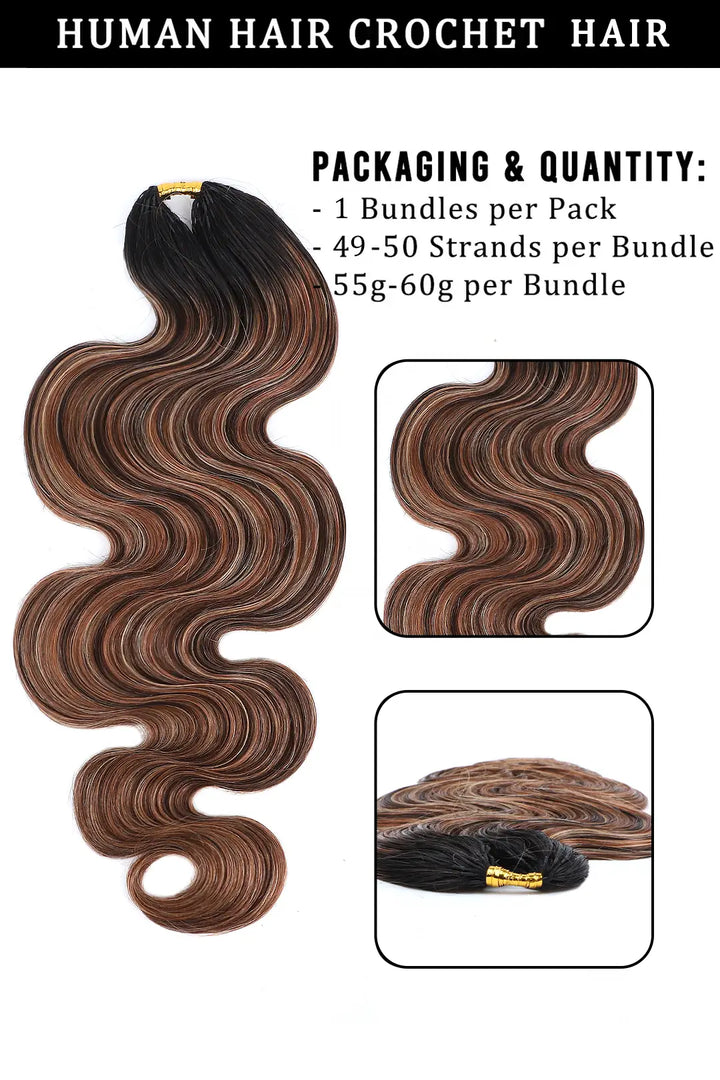 Product description of T natural black root mixed 4/27/30 body wave feather crochet human hair