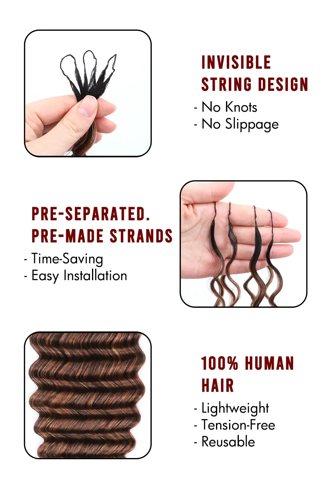 Product description of T natural black root mixed 4/27/30 deep wave feather crochet human hair