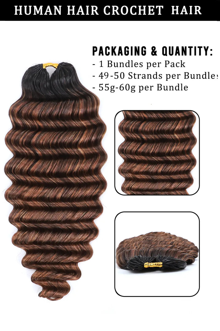 Product description of T natural black root mixed 4/27/30 deep wave feather crochet human hair