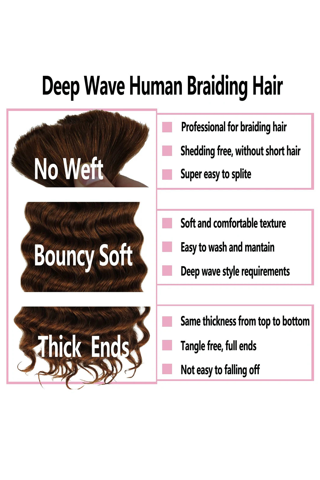 Product description picture of 4 dark brown deep wave bulk human hair for braiding-1