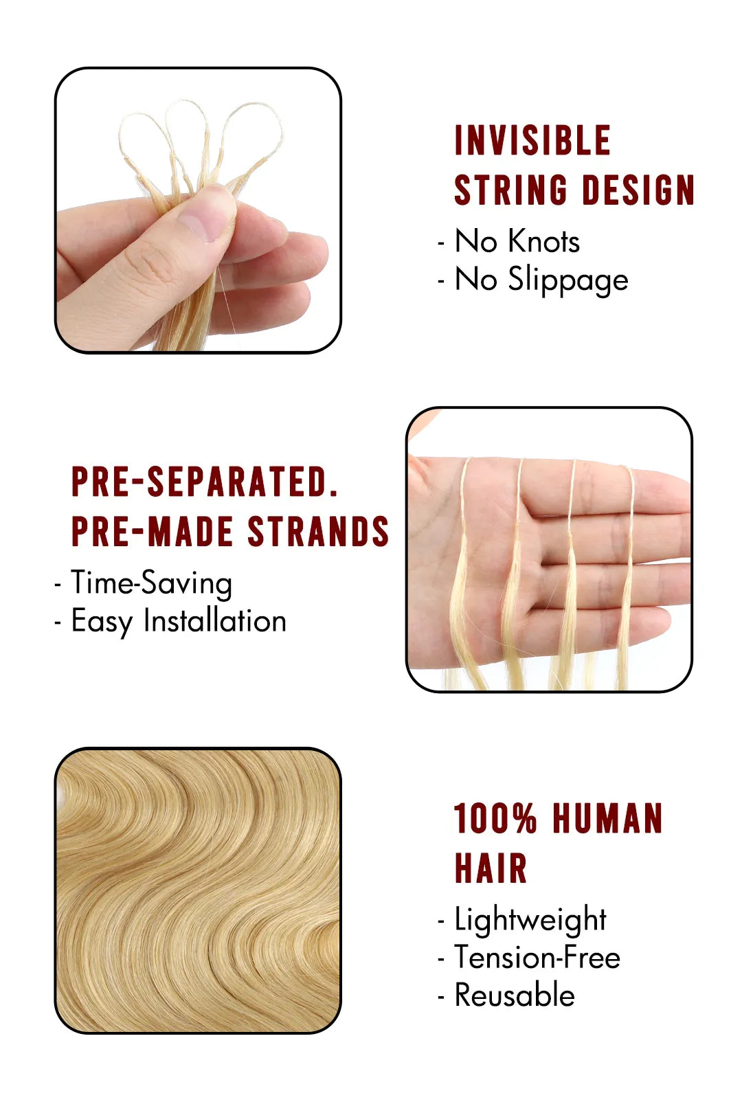 Cheveux humains 613 Blonde Body Wave à nœuds miracles crochet feather