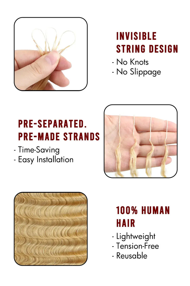 Product description picture of 613 blonde deep wave feather crochet miracle knots human hair