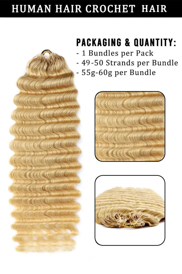 Product description picture of 613 blonde deep wave feather crochet miracle knots human hair