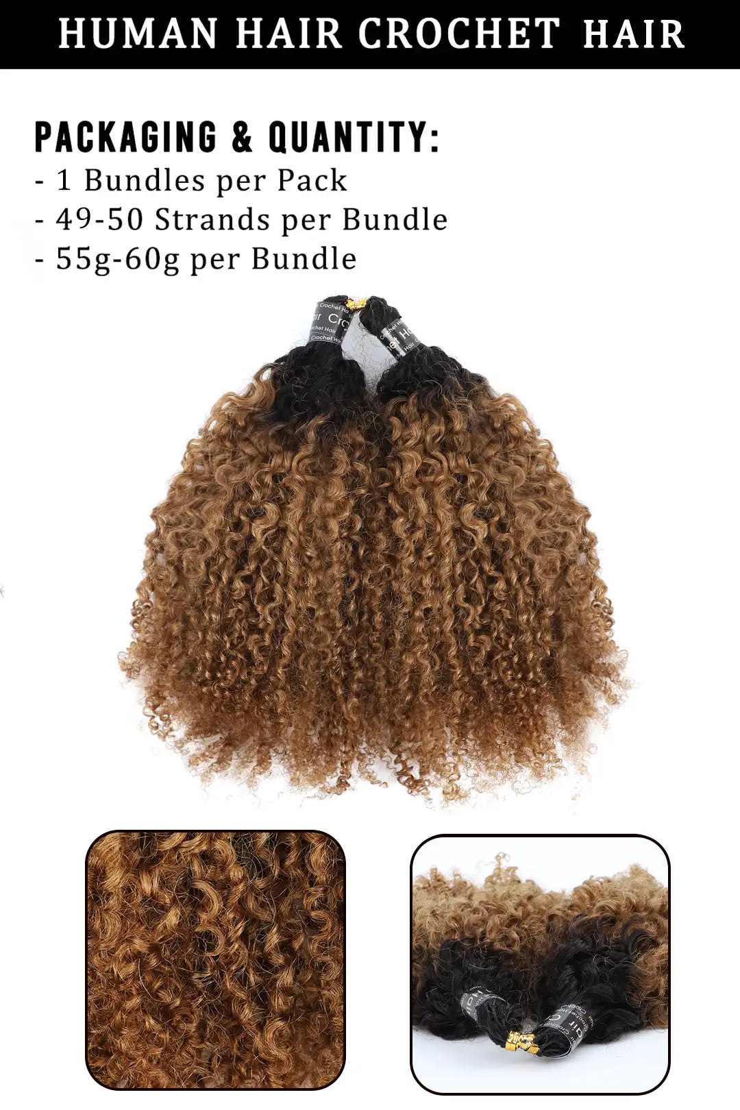 Product description picture of  1b/30 two tone color tight curly feather crochet human hair
