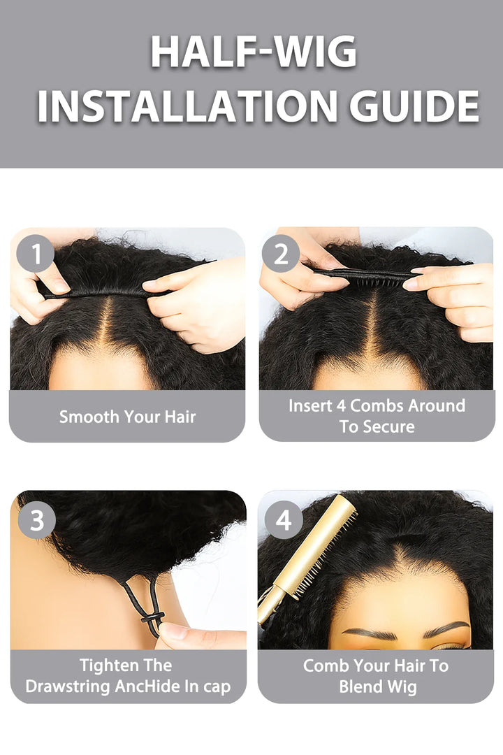 Product description picture of afro kinky curly half wig flexible fit drawstring human hair seamless wig