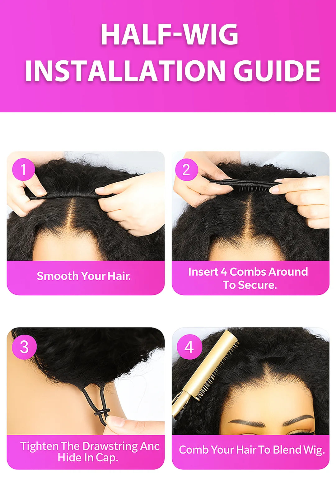 Product description picture of afro kinky curly half wig flexible fit drawstring human hair seamless wig