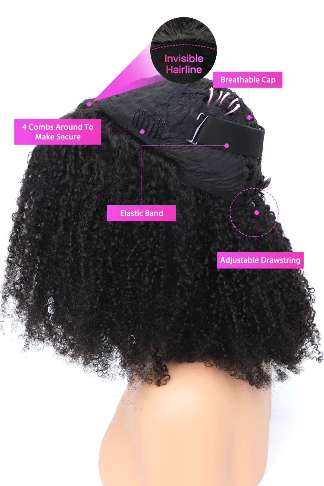 Product description picture of afro kinky curly half wig flexible fit drawstring human hair seamless wig