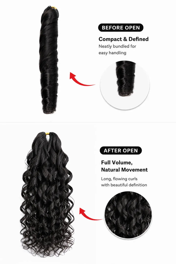 Product description picture of double drawn feather crochet hair extension french curl human hair