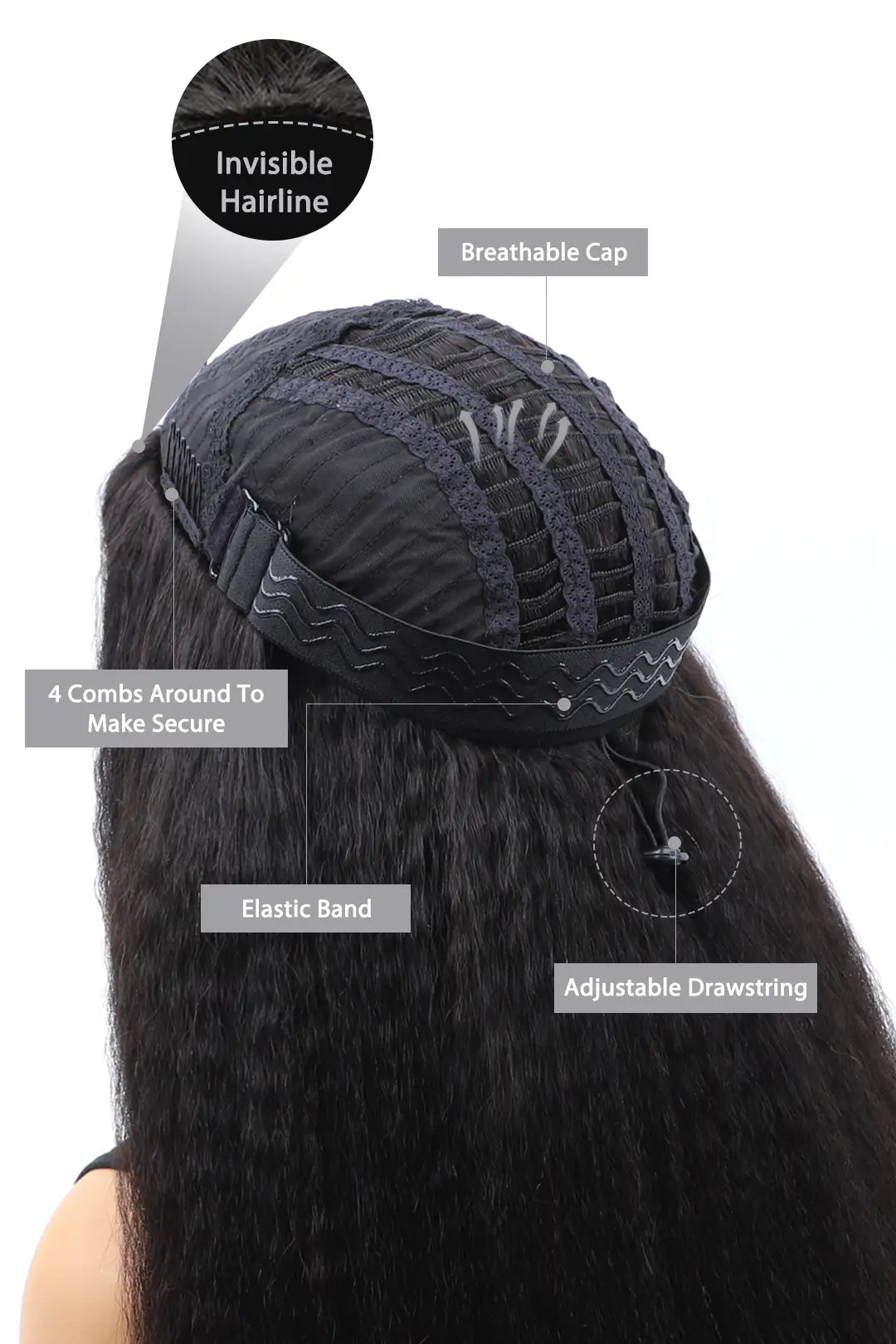 Product description picture of kinky straight half wig flexible fit drawstring human hair seamless wig