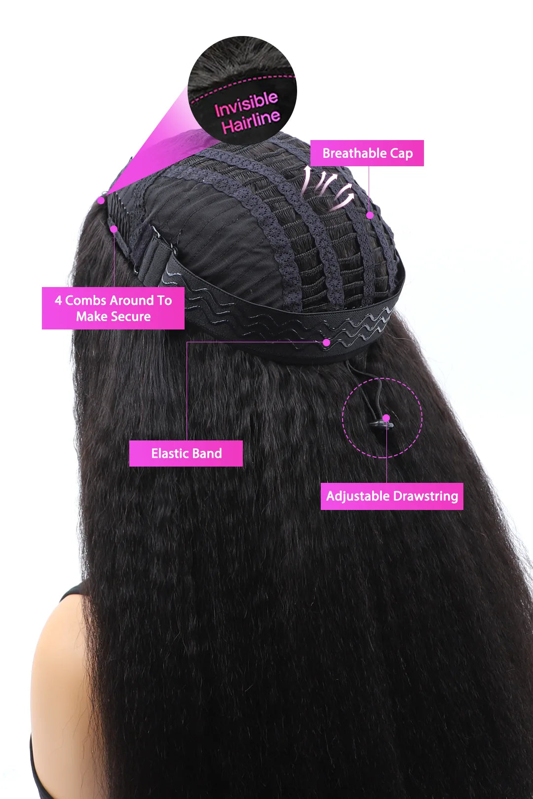 Product description picture of kinky straight half wig flexible fit drawstring human hair seamless wig