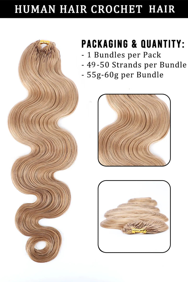 Product description picture of strawberry blonde  27 body wave feather crochet human hair 60g