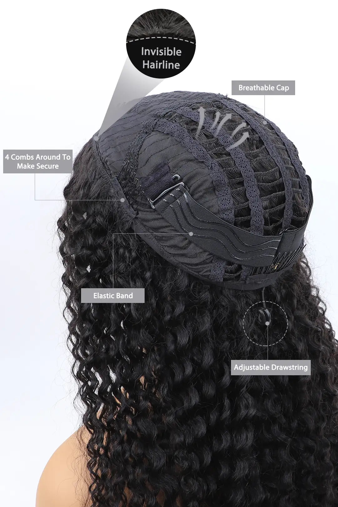 Product description picture of water wave half wig flexible fit drawstring human hair seamless wig