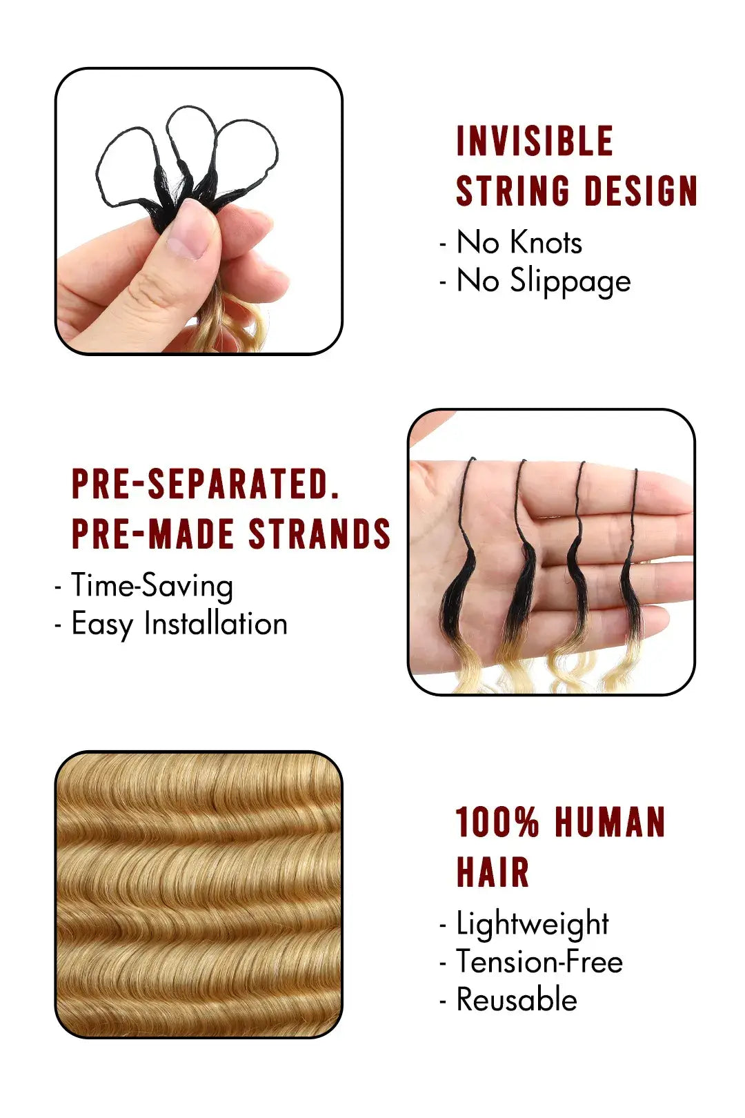Product description t1b 613 blonde ombre color deep wave crochet miracle knots human hair