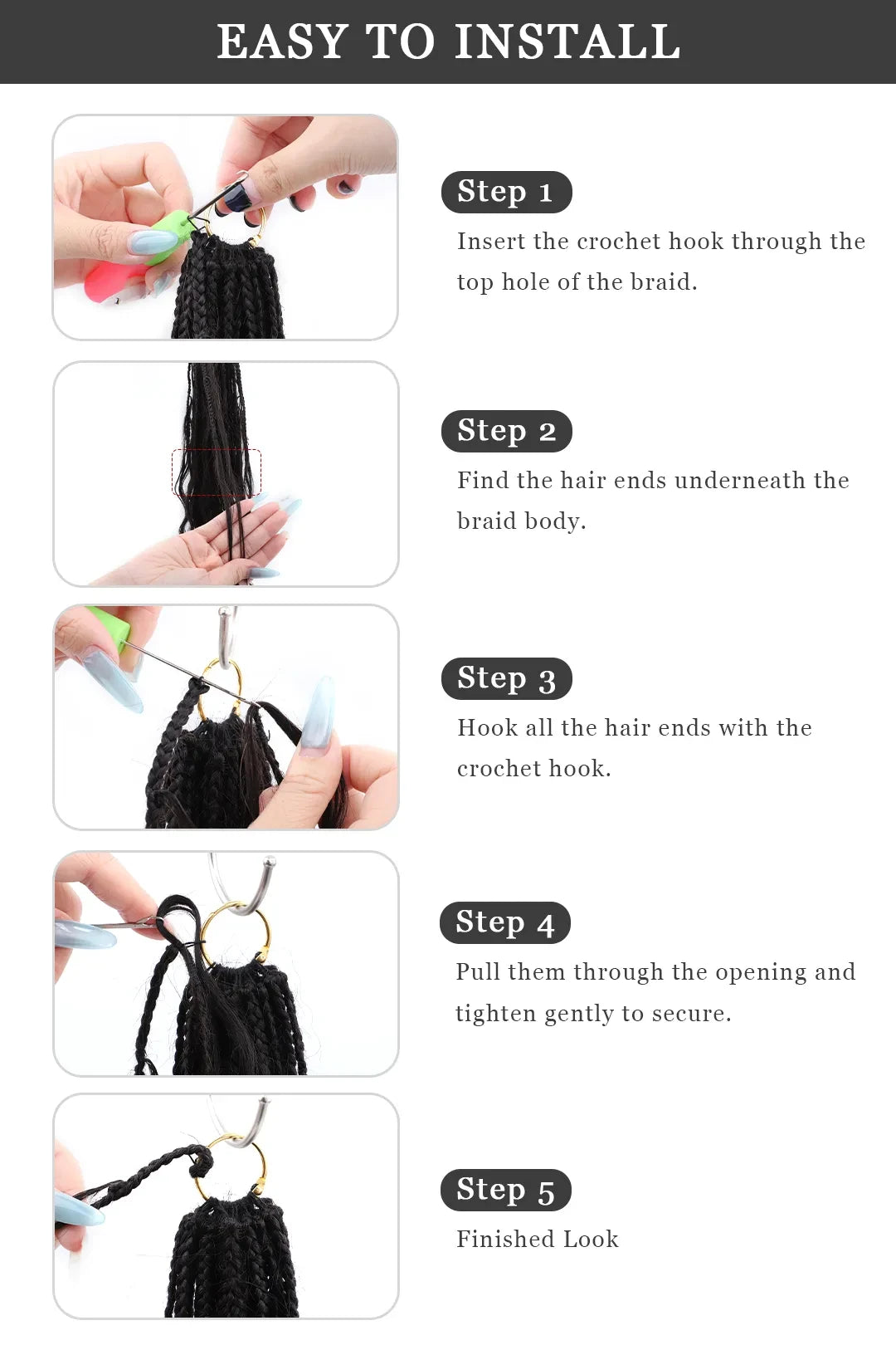 Product usage instructions of crochet miracle knots braids pre looped loose wave curls human hair 40 strands