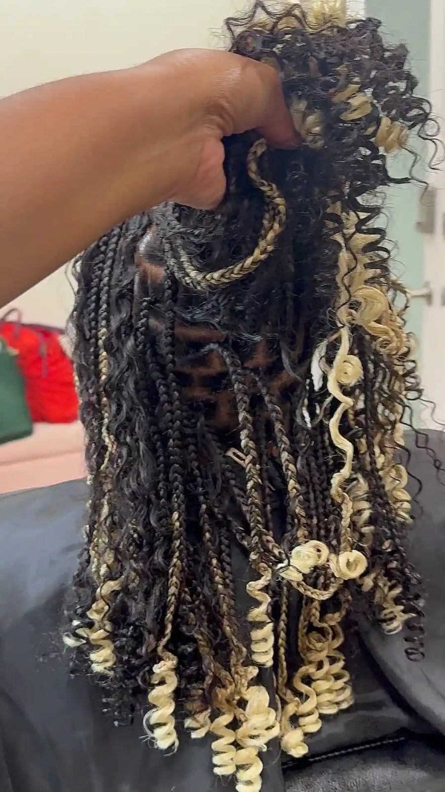 Short boho braids with curly ends, hairstylist in Durham, NC