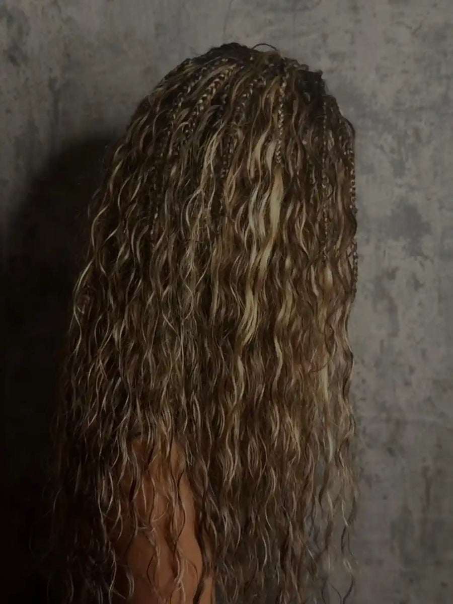 Brown and blonde boho braids with loose wavy curls, hairstylist in San Antonio, TX