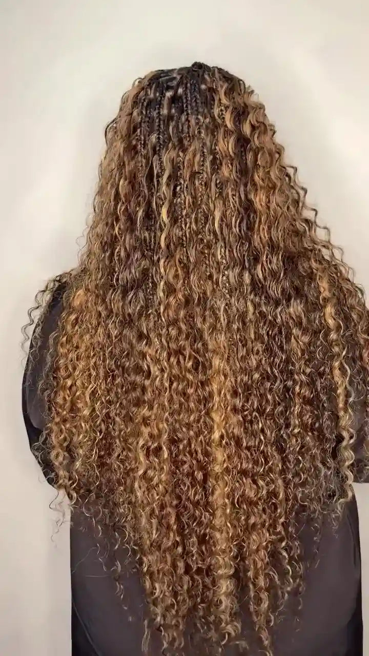 Long brown and blonde curly boho braids, hairstylist in San Antonio, TX