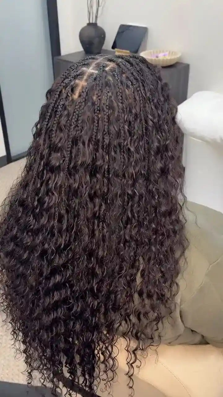 Long black wet and wavy boho braids, hairstylist in San Antonio, TX