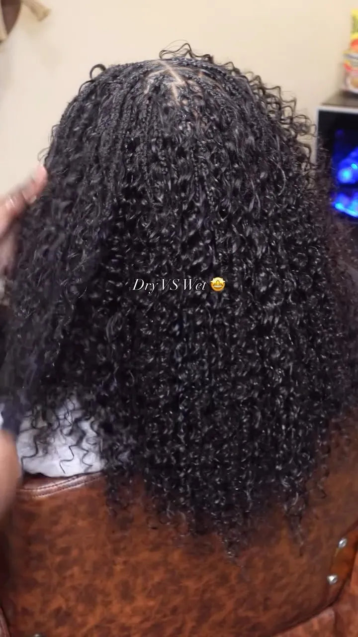 Black curly boho braids with full wet look texture, hairstylist in San Antonio, TX