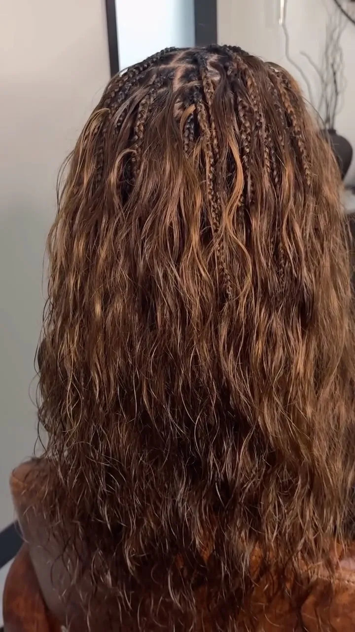 Brown and blonde boho braids with soft wavy texture, hairstylist in San Antonio, TX