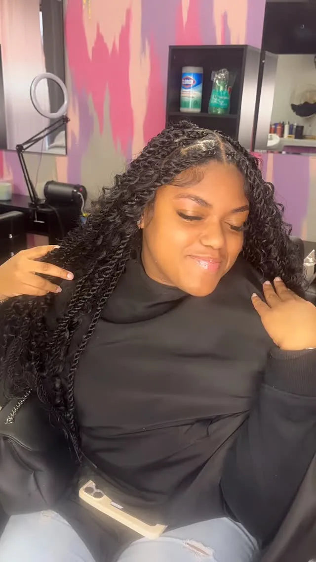 Long black boho knotless braids with soft curls, hairstylist in Westland, MI