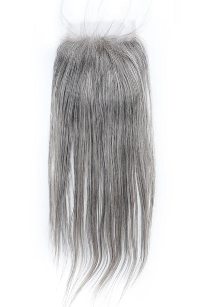 Cheveux humains raides avec fermeture en dentelle HD 5x5 Sel et poivre 85 % gris