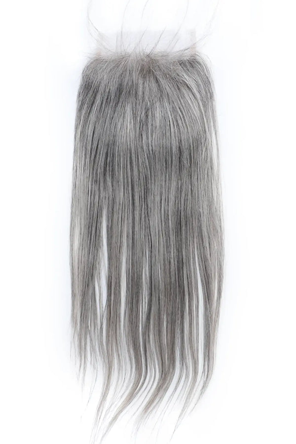 Cheveux humains raides avec fermeture en dentelle HD 5x5 Sel et poivre 85 % gris