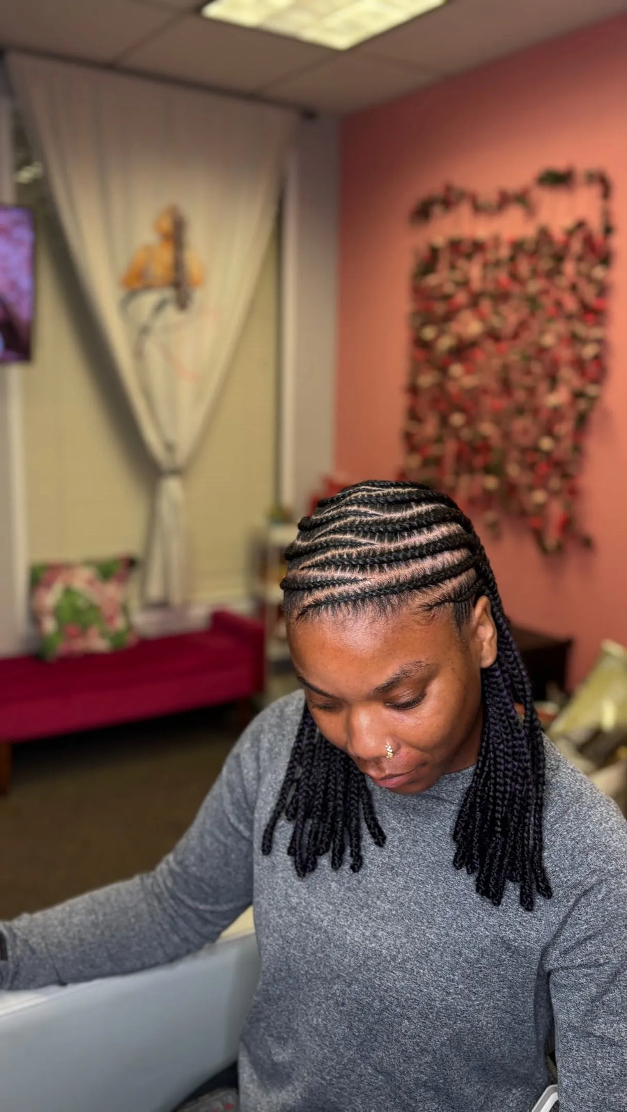 Short straight-back stitch braids with shoulder-length braided ends, hairstylist located in Arlington, TX