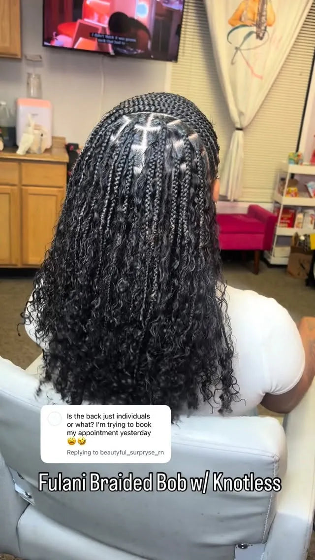 Fulani braided bob with knotless braids and loose curls at the back, hairstylist located in Arlington, TX