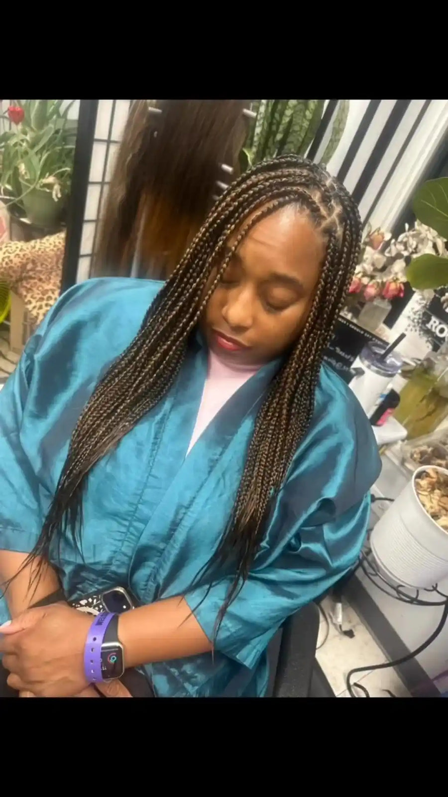 Small knotless braids with curled ends, Stylist located in Chicago, IL