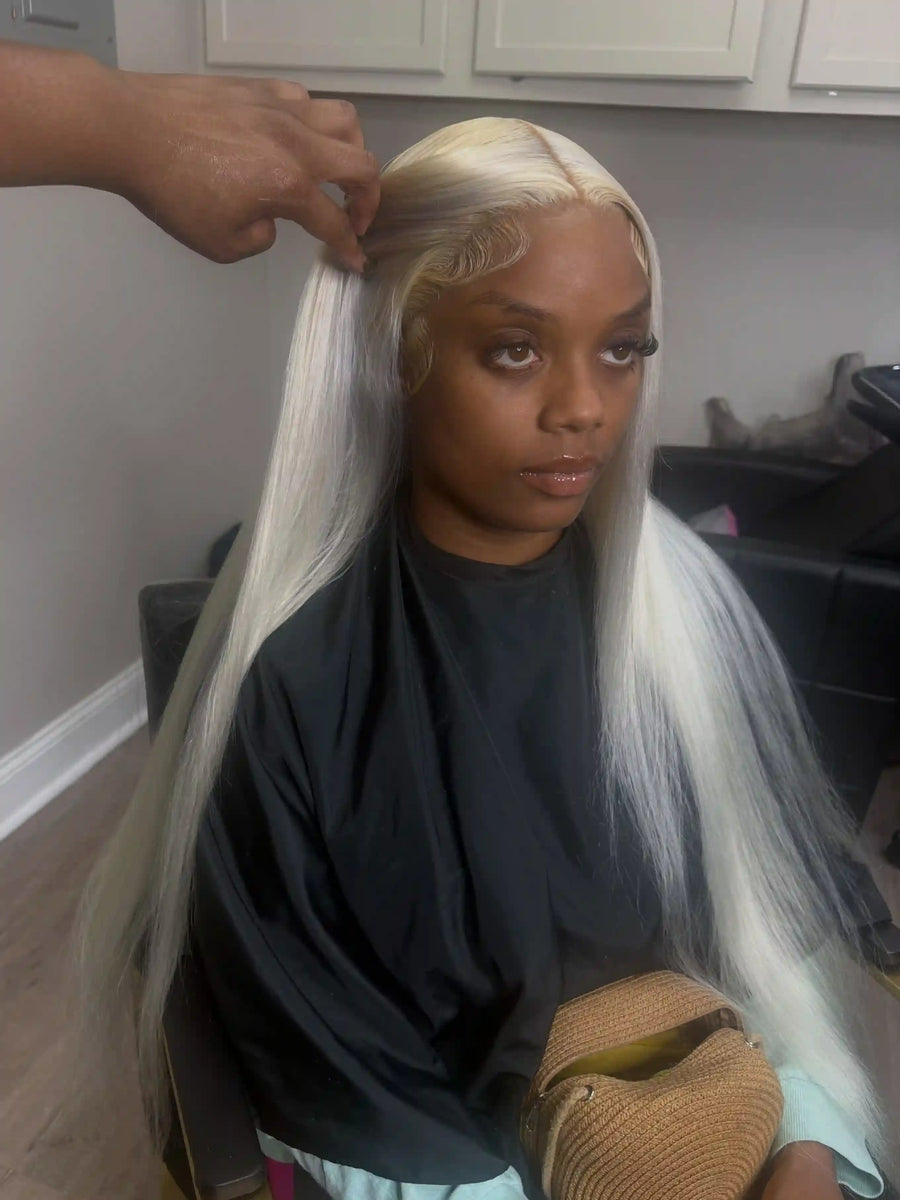 Platinum blonde straight middle part wig install with baby hairs, Stylist located in Jacksonville, FL