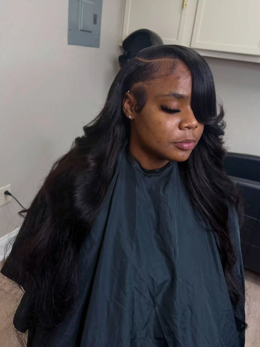 Long black body wave side part wig install, Stylist located in Jacksonville, FL