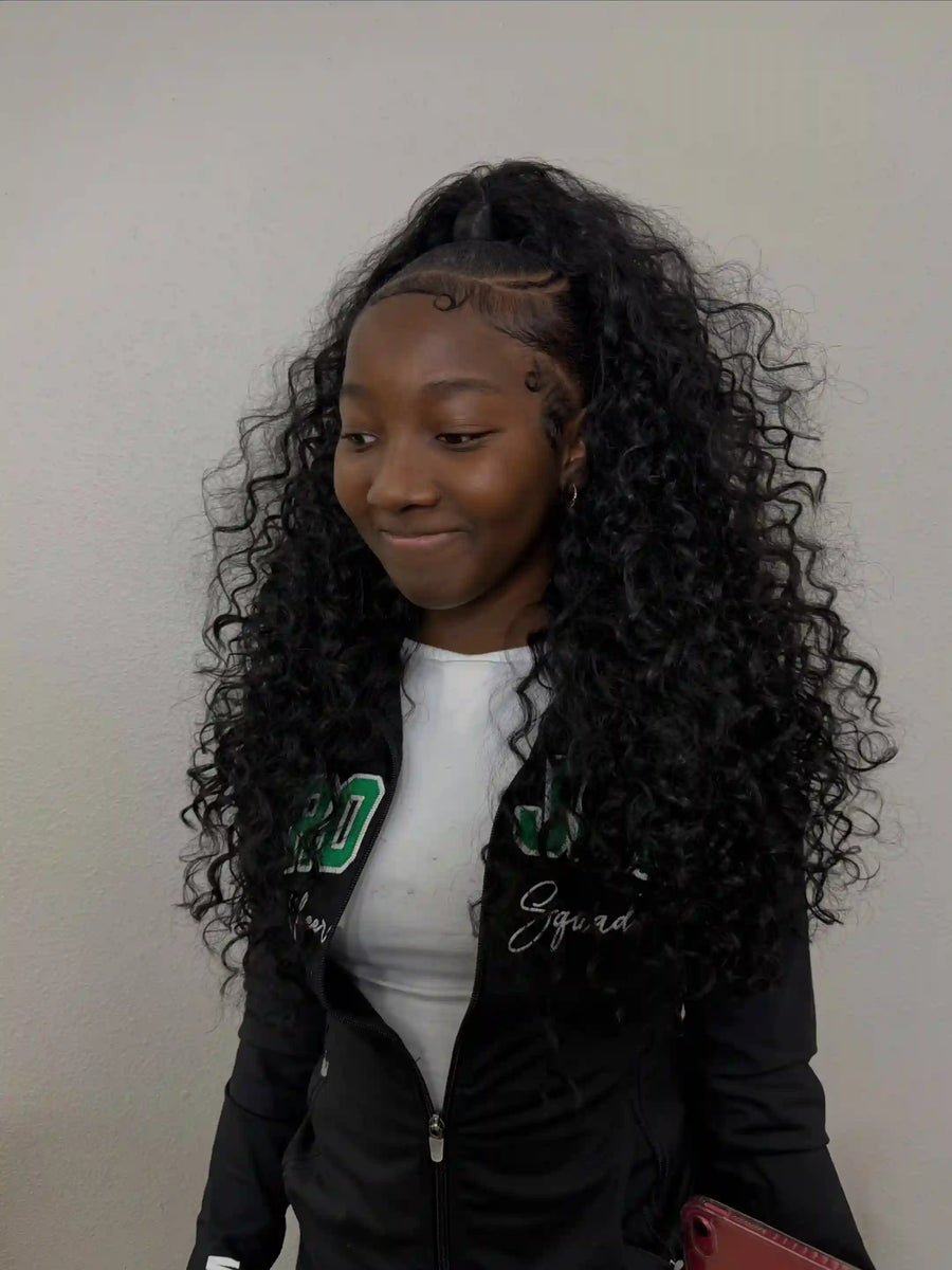 Curly half up half down wig style with styled edges, Stylist located in Jacksonville, FL