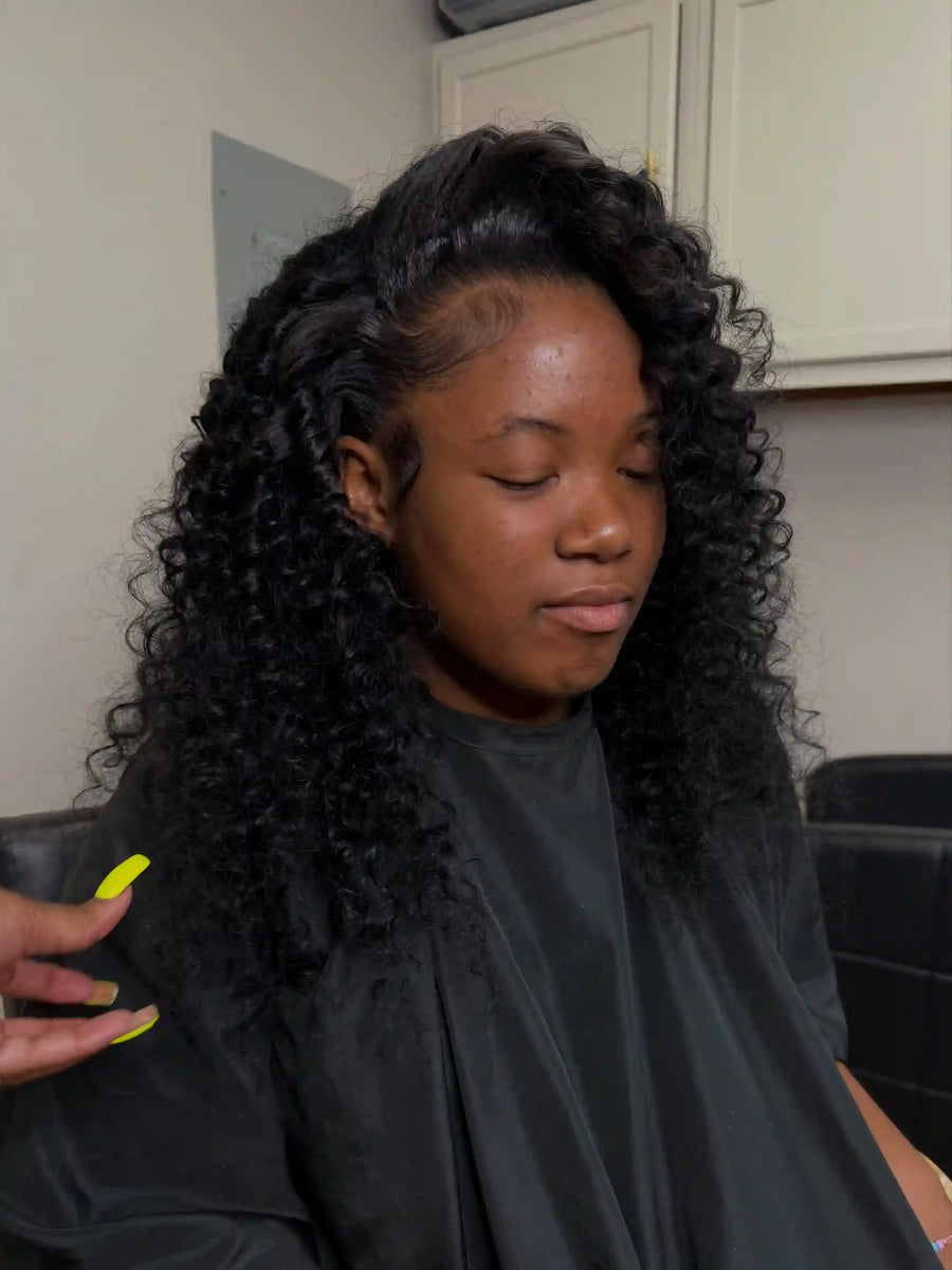 Long deep curly side part wig install, Stylist located in Jacksonville, FL