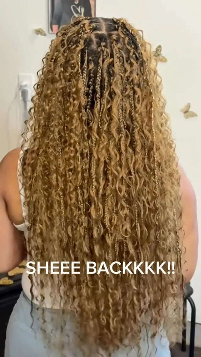Long blonde boho braids with curly texture, hairstylist in Dover, DE