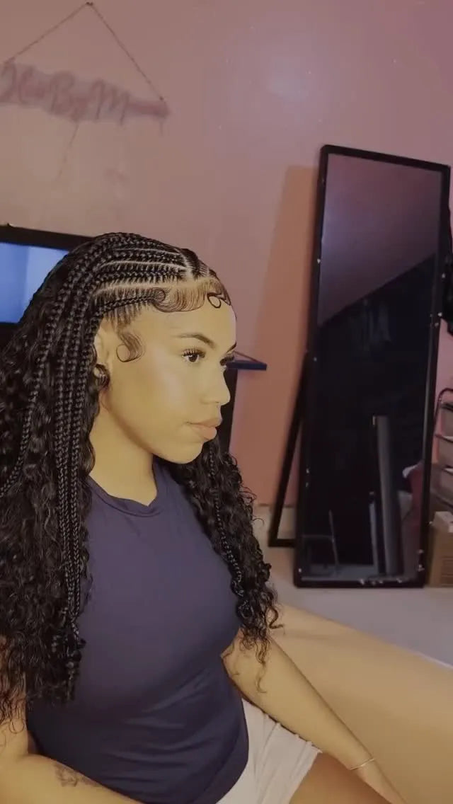 Feed-in braids with curly ends and laid edges, hairstylist in Dover, DE