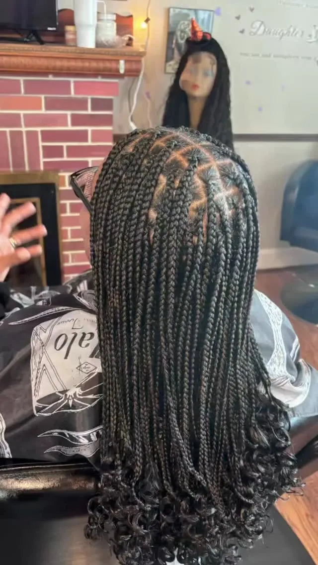 Long box braids with curled ends protective hairstyle, hairstylist in Dover, DE
