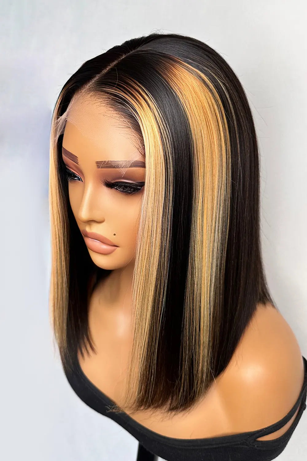 Shoulder Length Black Bob with Blonde Highlights Bone Straight