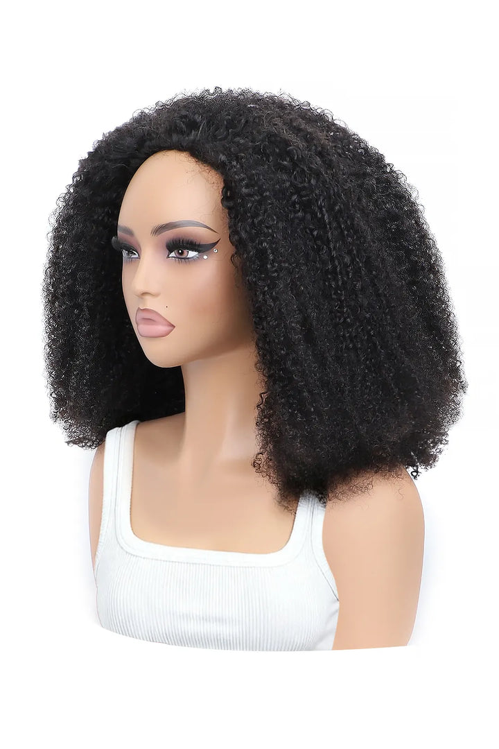 Side view of afro kinky curly half wig flexible fit drawstring human hair seamless wig