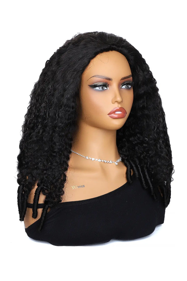 Side view of burmese curly with spiral curls ends half wig flexible fit drawstring