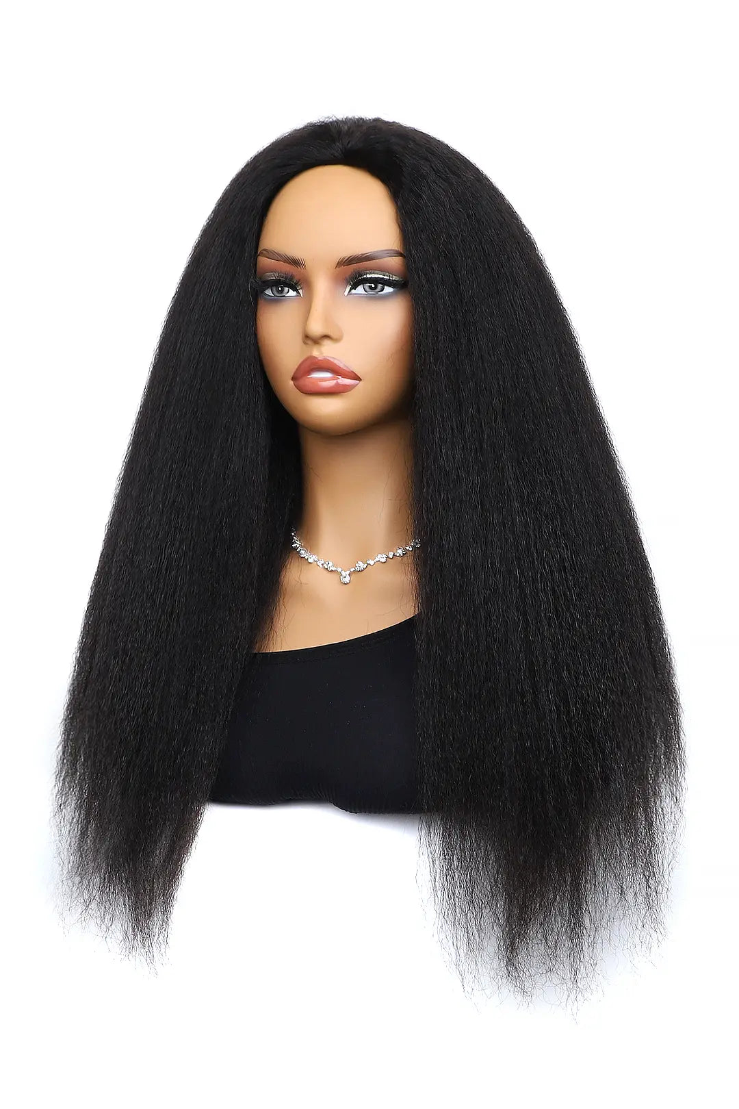 Side view of kinky straight half wig flexible fit drawstring human hair seamless wig