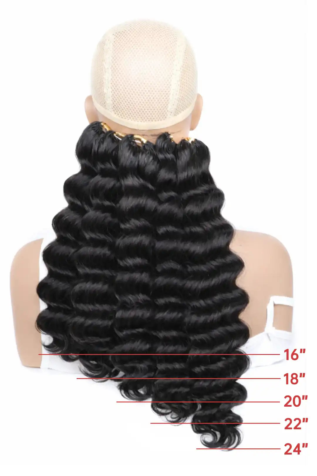 Size comparison image of feather crochet hair extension loose deep wave human hair
