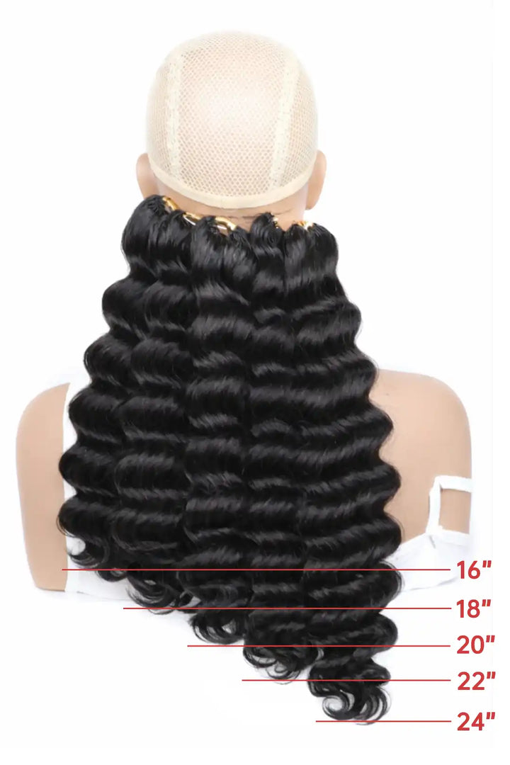 Size comparison image of feather crochet hair extension loose deep wave human hair