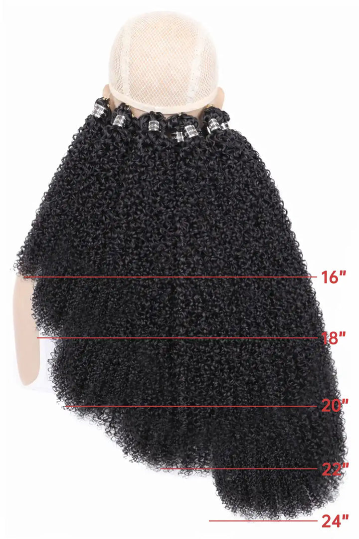 Size comparison image of feather crochet hair extension tight curly human hair